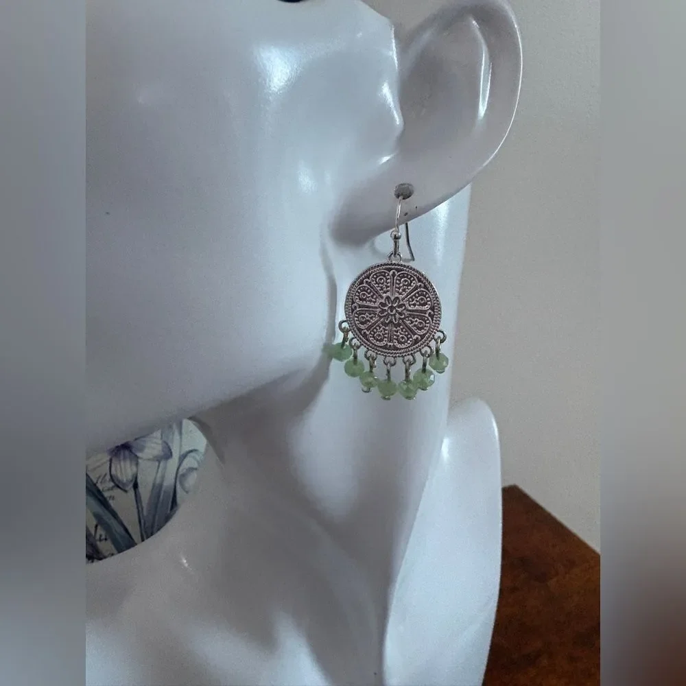 Silver and Green Earrings NWT 1.4”